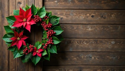 Fototapeta premium wreath with poinsettia and holly on a wooden wall, festive, winter