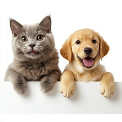 Fototapeta premium Adorable gray kitten and golden retriever puppy peeking over a white surface, showcasing friendship and playfulness in a bright setting.