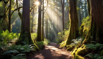 Obraz premium Lush green forest illuminated by soft sunlight, creating a magical and tranquil environment.