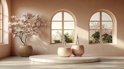 Natural glass bottle with pipette and magnolia flowers elegantly displayed on a circular podium, ideal for presenting eco-friendly or luxury skincare and beauty products in a delicate setting.