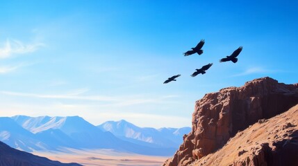 Fototapeta premium Majestic Birds Soaring Over Mountains - Four birds in flight over a vast mountain range under a clear blue sky. A stunning landscape photo.