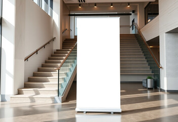 White Blank roll-up banner template standing in lobby side stairs. Blank advertisement mockup in business space, Commercial pull-up display, for add cover