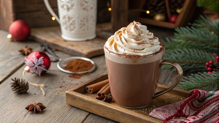 Hot Chocolate with Whipped Cream Cozy Holiday Setting with Cinnamon Sticks, Star Anise, Pine Cones, and Festive Decorations background