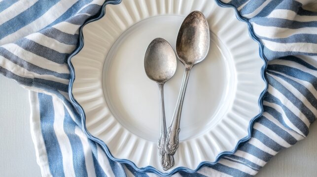 Elegant White Plate with Vintage Spoons and Blue Striped Napkin