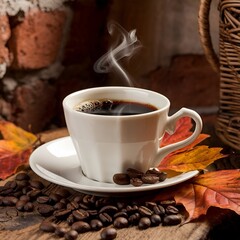 The image depicts a steaming coffee in a white cup, surrounded by a rustic background of beans and...