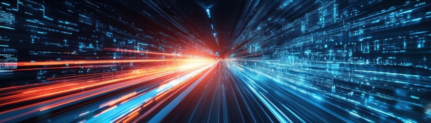 Obraz premium Futuristic Digital Speed Light Trails in a Cybernetic Cityscape with Vibrant Blue and Red Neon Colors