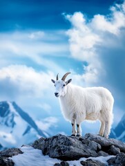 Fototapeta premium Majestic Mountain Goat in Winter Wonderland - A pristine white mountain goat stands proudly on a rocky peak, symbolizing resilience, freedom, wildness, serenity, and nature's majesty.