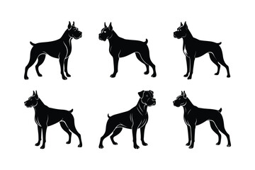 Boxer dog silhouette set isolated on white