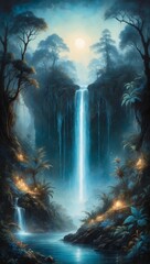 Fototapeta premium Fantasievolle Waldlandschaft mit Wasserfall und weichem Licht