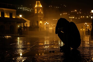 A silhouette of a person sitting in a rain-soaked plaza at night, surrounded by soft lights and a distant church tower, evoking a sense of solitude.