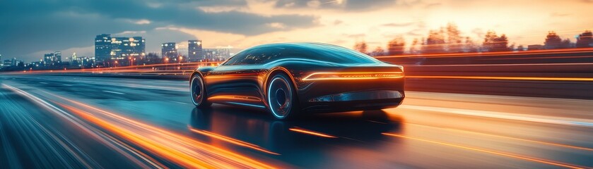 Obraz premium Futuristic Electric Car Speeding on Highway at Sunset with City Skyline and Light Trails in Background