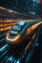 Fototapeta premium ** Futuristic High-Speed Train in Neon-Lit Cityscape with Digital Displays and Reflections at Night..**