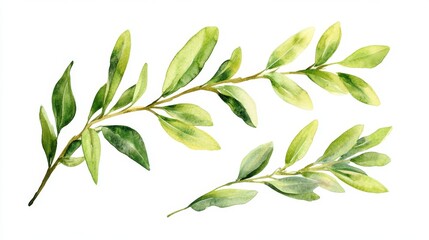 Delicate Watercolor Branches with Vibrant Green Leaves