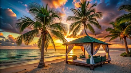 Romantic Beach Cabana Sunset, Idyllic Summer Vacation Getaway