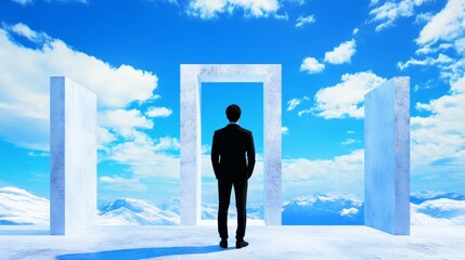Man in Suit Facing Open Door to Snowy Mountain Landscape - A businessman contemplates opportunity,  facing a gateway to a stunning snowy vista. Symbolizing: ambition, success, potential, choice