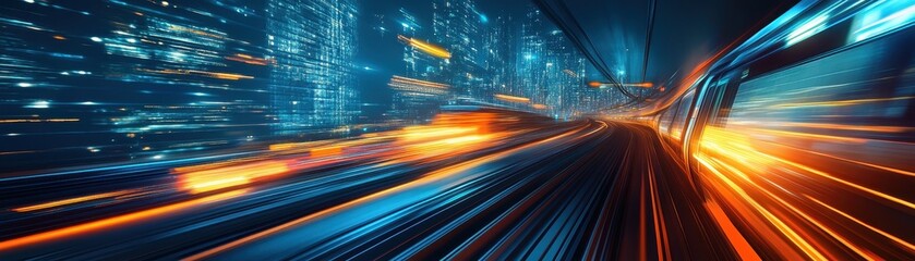 ** Futuristic High-Speed Train in Motion Through a Vibrant Cityscape at Night with Blurred Lights and Skyscrapers..**