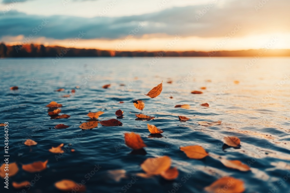 Poster serene moment captures autumn leaves dancing on the surface of a peaceful water body illuminated by 