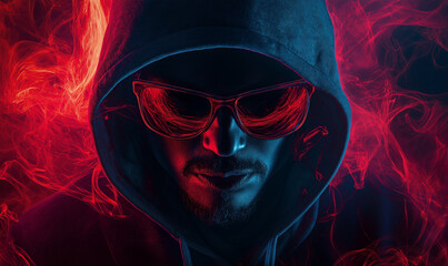 Fototapeta premium A Man in a Deep Blue Hoodie with Bright Glowing Styles for a Bold Fashion Look