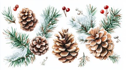 Fototapeta premium Winter Watercolor Pine Cones and Branches - Festive Holiday Design