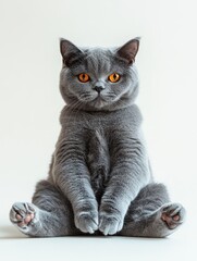 Adorable grey cat with striking orange eyes sitting upright and looking curiously at the camera in a minimalist studio setting against a light background