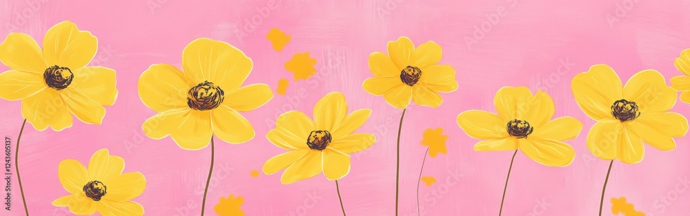Poster bright yellow flowers in a playful doodle style against a pink backdrop create a cheerful and vibran