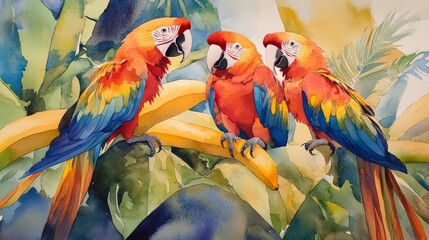 Fototapeta premium Three Macaws in a Tropical Paradise Watercolor Painting