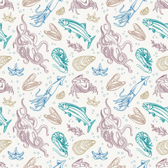 Hand drawn color seamless vector pattern of seafood. Octopus, shrimp, salmon, oysters, mussels, squid, crab, lemon, rosemary. Seafood for poster, decoration of fabrics, packaging, menu product market.