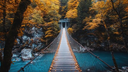 Narrow suspension bridge stretching over a serene river surrounded by autumn foliage in a tranquil forest