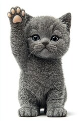Obraz premium Adorable Grey Kitten with Raised Paw, Cute Expression, Fluffy Fur, Playful Attitude, High-Quality Portrait for Animal Lovers, Pet Enthusiasts, and More