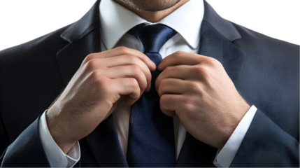 lawyer in a suit, adjusting his tie before an important case, on a white isolated background 