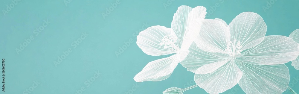 Aufkleber minimalist white flower outlines on a soft turquoise background create a serene and elegant atmosphe
