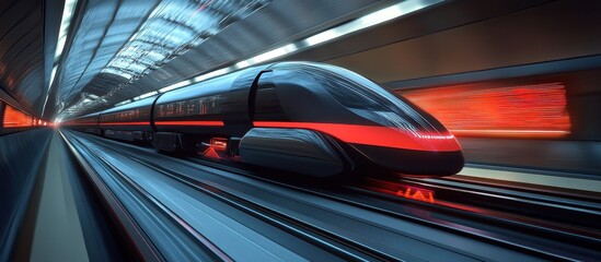 Fototapeta premium Futuristic High-Speed Train in Motion Through a Modern Tunnel with Vibrant Red and Black Design