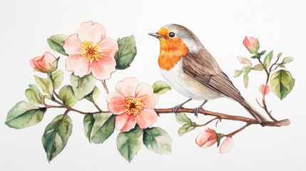 Fototapeta premium Watercolor Robin and Flowers - A Springtime Scene