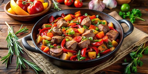 Rustic Cast Iron Dish of Hearty Pork and Vegetable Ragout &ndash; Aerial View