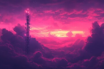 Obraz premium Stunning Sunset with Tower Silhouette Against Vibrant Pink and Purple Cloudscape in a Dreamlike Sky