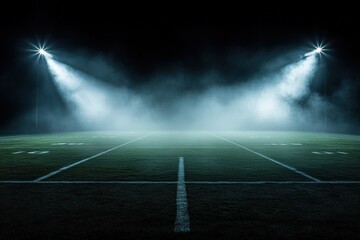 Dramatic nighttime view of an illuminated American football field with powerful stadium lights cutting through mist