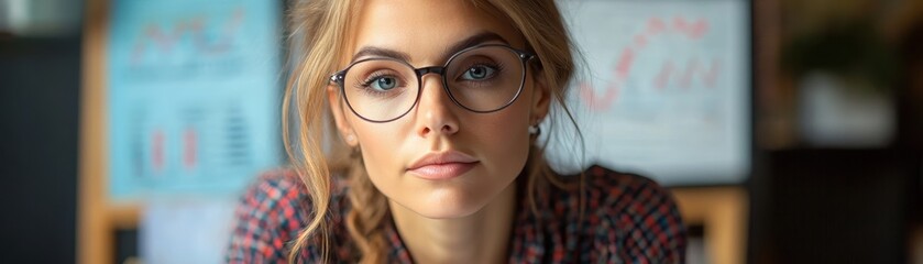 Fototapeta premium ** Portrait of a Young Woman with Glasses in a Modern Office Setting, Focused and Professional, Surrounded by Charts and Graphs..**