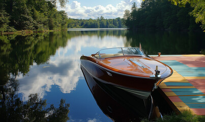 A Retro-Style Boat Resting on a Colorful Dock Surrounded by the Vibrant Beauty of Nature