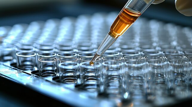 Researcher using a pipette to fill wells of a multi-well tray, demonstrating the step-by-step process of preparing samples for analysis in a laboratory environment.