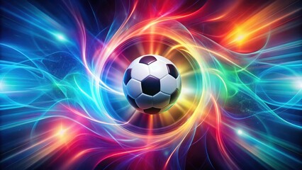 Fototapeta premium Colorful abstract background with swirling energy field and glowing soccer ball at center, movement, shape, movement