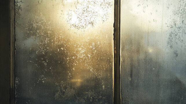 A dirty glass window with smudges and water stains, creating an atmospheric effect