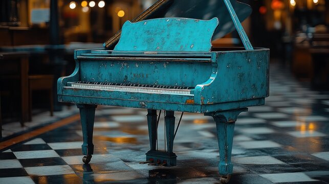 Blue piano, market, night, weathered, music