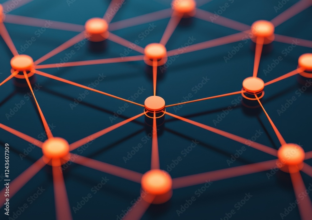 Poster a close-up of interconnected nodes and lines, showcasing a network design with vibrant orange elemen