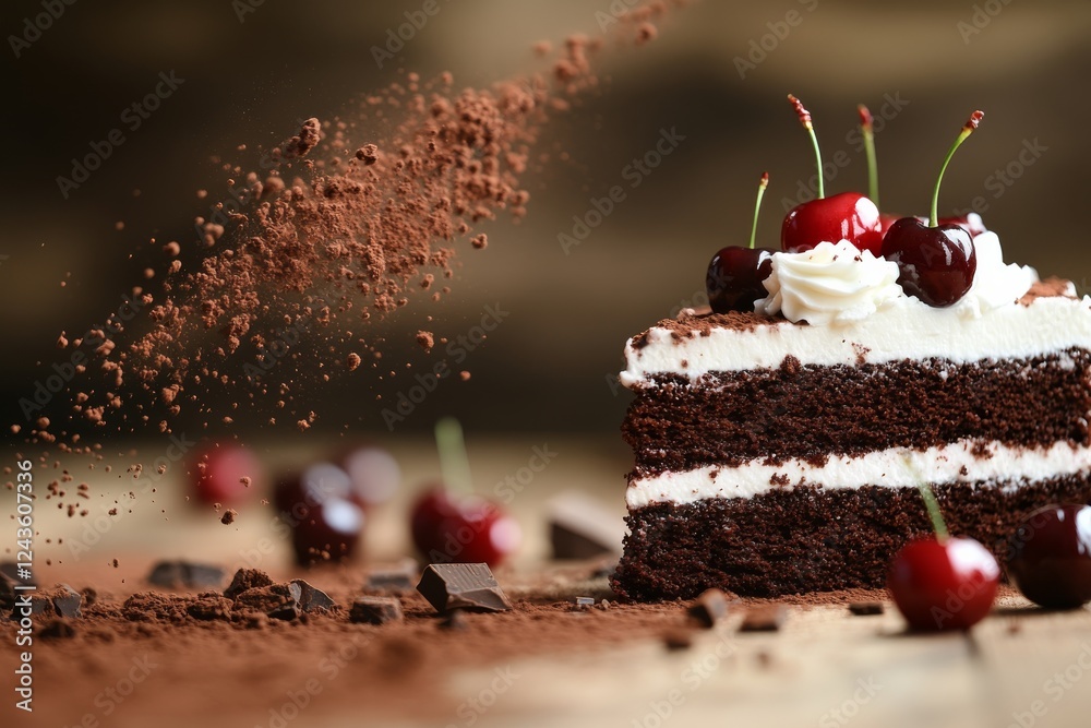 Poster layered chocolate cake topped with whipped cream and cherries is placed on a rustic wooden table, su