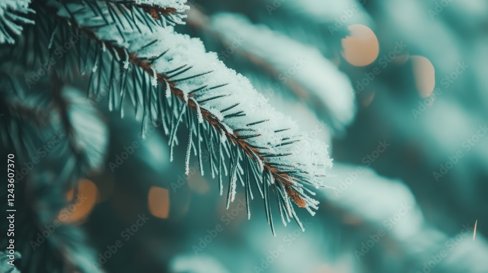 Poster close up view of a snow dusted pine branch, its delicate needles frosted and glistening against a so
