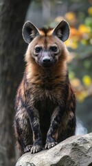 HD Phone Wallpaper Striking Brown Hyena Portrait Wild African Canine Sitting on Rock