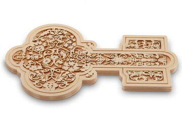 A beautifully carved wooden key featuring intricate floral patterns and a classic design, symbolizing elegance and craftsmanship.
