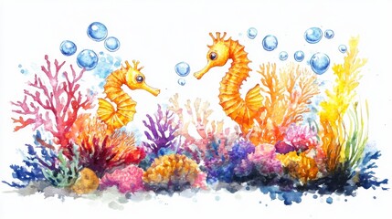 Fototapeta premium Vibrant Watercolor Seahorses in a Coral Reef