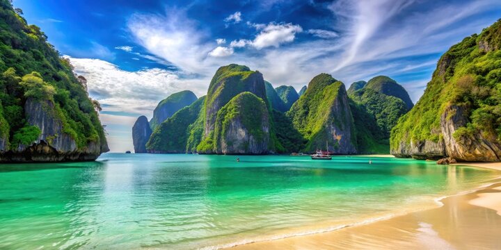 Beach scene at Maya Bay Phi Phi Island Krabi Thailand, andaman sea, landscape,  andaman sea, landscape
