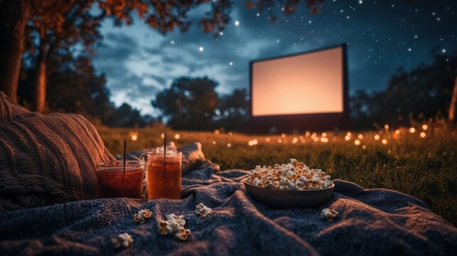 Enjoying an outdoor movie night under the stars with cozy blankets and snacks